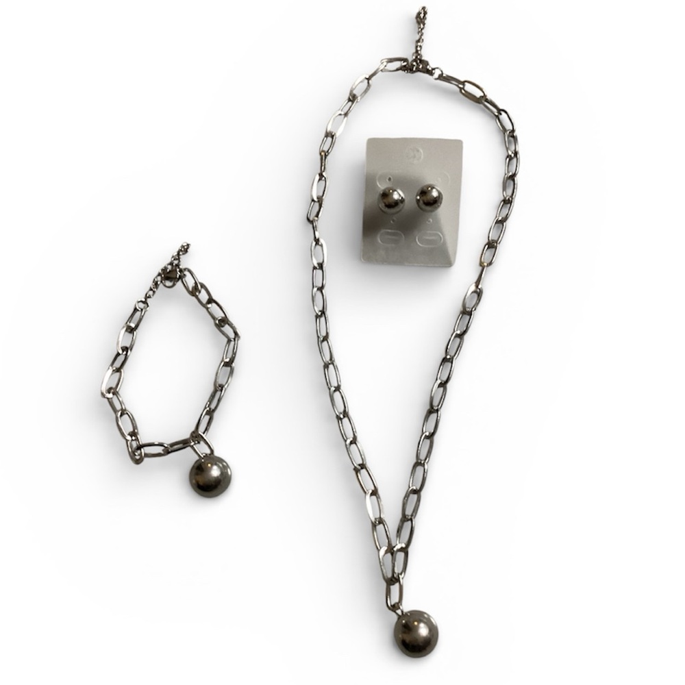 Stainless Steel  17” Necklace, bracelet and earrings. With a ball pendant. NEW